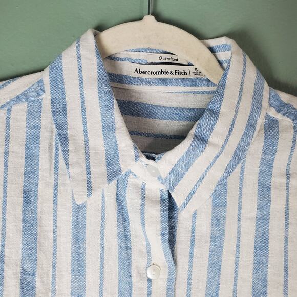 Abercrombie & Fitch Womens Blue White Striped Oversized Linen Shirt Size Small - Picture 5 of 6
